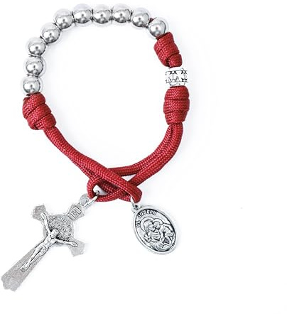 Nazareth Store Oliva Militar Una Década Rosario Paracord Cuentas de Plata Rosario de Bolsillo para Coche Ruega por Nosotros Medalla de San José y Cruz de San Benito (Rosario Paracord Rojo)