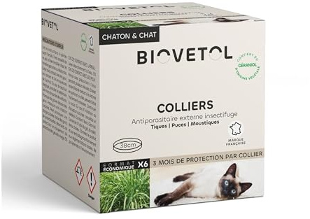 Biovetol - Collier Anti puces pour Chat Naturels (x6) d'origine Végétale- Protection 3 Mois- Réglables Anti étranglement et Imperméables pour Chats - 35cm