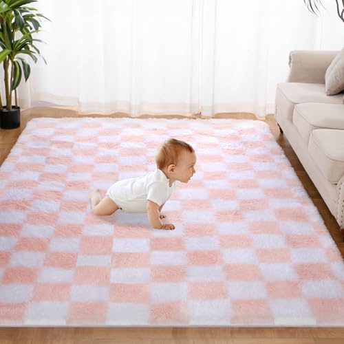 Superweicher Teppich für Schlafzimmer, 1,2 x 1,8 m, rosa und weiß, klassisch, kariert, zottelig, rutschfest, Hochflor, weicher flauschiger Teppich, flauschiger Teppich für Wohnzimmer, Schlafzimmer