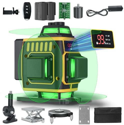 Nivel láser de Autonivelante 4x360°,4D 16 líneas Nivel Laser Cruzadas de Haz Verde,Láser Level Con Indicador de Potencia Horizontal/Vertical con 2x batería, Soporte Magnético, ajuste de brillo,remoto