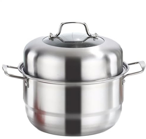 Vaporera De Acero Inoxidable | Olla Apilada De 2 Niveles, 3.12 Libras, Sin Revestimiento, Vaporera/olla Para Caldo, Ollas Y Sartenes Para Cocinar, Juego De Utensilios De Cocina, Silver, Con Tapa