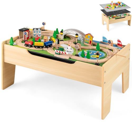 GYMAX Children Train Track Set, 5 in 1 Kids Activity Table with Reversible Top and Accessories (78Pieces), Wooden Train Playset for 3+ Years Old, 79 x 57 x 40cm