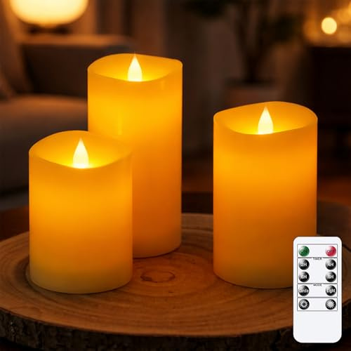 Bryxidor Candele LED con temporizzazione sfarfallante e stoppino mobile in vera cera, Telecomando senza fiamma Confezione da 3 batterie elettriche Avorio 7,5 cm x 10 12,5 15 cm