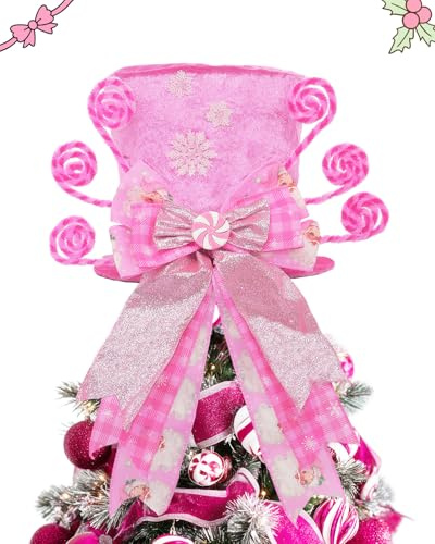 Christmas Tree Topper Hat with Bow, Candy Cane Velvet Top Hat Ornament with Pre-Tied Pink Wired Bow, Winter Holidays Xmas Decor for Home Decoration