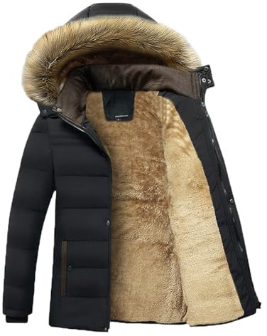 Caxndycing Cappotto invernale da uomo, lungo, giacca invernale con cappuccio in pelliccia, parka invernale, con calda imbottitura, antivento, giacca da uomo, Nero , 5XL