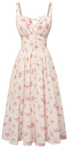 Scarlet Darkness Women 2026 Floral Corset Dress Summer Milkmaid Sundress Wedding Guest Dresses with Pockets White Pink Floral XXL