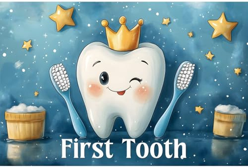 YongFoto My First Tooth Backdrop 5x3ft Cute Cartoon Crown Teeth Toothbrush Photography Background 1st Birthday Baby Party Banner Cake Table Decor Christening Infant Photoshoot Wallpaper Photo Booth