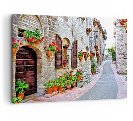 Bilder auf Leinwand 100x70cm Leinwandbild Italien Straße Blumen Geschichte Groß Wanddeko Bild Schlafzimmer Deko Wandbilder Dekoration Wohnzimmer Wall Decor Canvas Wand Kunstdruck Art AA100x70-2817