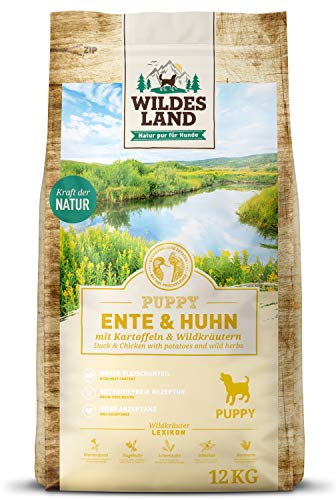 Wildes Land - Nr. 8 Puppy Ente & Huhn - 12 kg - mit Kartoffeln und Wildkräutern - Glutenfrei - Trockenfutter für Hunde - Hundefutter mit hohem Fleischanteil - Hohe Verträglichkeit