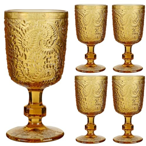 Set of Four 300ml Wine Goblet Glasses Embossed Amber Wine Glasses (DA12) | Dishwasher Safe, Embossed, Paisley Design, Embossed Finish, Dining Glassware, Glassware Gift Set