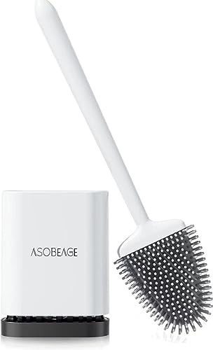 ASOBEAGE Silicone Toilet Brush: Flexible Head, Long Handle, Wall-mounted, Quick-drying Holder for Bathroom Clean (White)