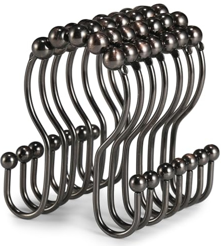 Goowin Shower Curtain Hooks, 12 Pcs Shower Curtain Rings, Stainless Steel Shower Curtain Hangers, Double Hook Shower Curtain Hooks, Smooth Sliding Anti-Drop Shower Rings for Curtain (Bronze)