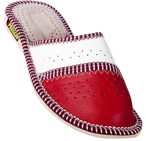 APREGGIO Chaussons Femme en Cuir – Pantoufles Confortables et Solides Fabriquées à la Main – Rouge – 38