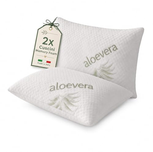 Materassi Russo Coppia Cuscini Memory Foam 40x70 cm, Altezza 13 cm, Guanciali Letto Modello Saponetta Medio Morbidi con Fodera Aloe Vera Sfoderabile, Made in Italy