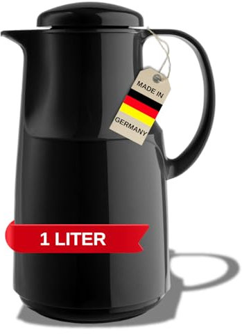 MARKUTEC Concord Flat Kunststoff-Thermoskanne – 1 Liter – Schwarz – Hochwertiger Glaseinsatz – Ergonomischer Schraubverschluss – Ideal für Kaffee & Tee