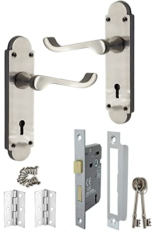 Victorian Scroll Lever Lock on Shaped Backplate Internal Door Handle Hinges & Latches Pack Sets, Ideal for All Types of Internal Doors 168mm x 40mm Backplate- Various Finishes (Satin Nickel)