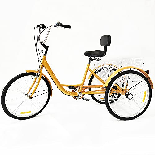 TIXBYGO Zahnräder Dreirad 3-Rad Fahrrad mit Einkaufskorb,Erwachsene 6 Speed Fahrrad,Verstellbarer Lenker Tricycle Wheel Come mit Reflexstreifen Erwachsenendreirad 24 Zoll Gelb