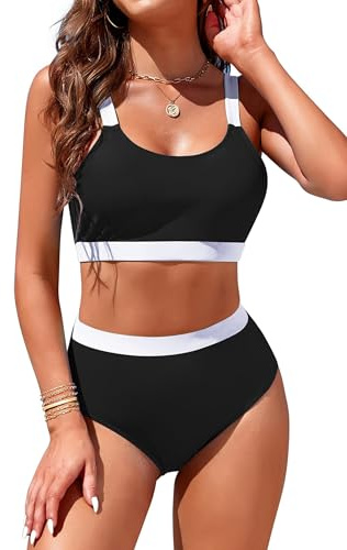 Womens High Waisted Bikini Sets Sporty Crop Top Color Block Swimwear Bandeau Scoop Neck Vintage Two Piece Bathing Suits Black M