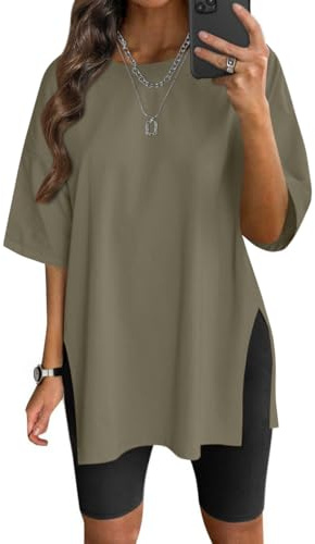 VNIRA Oversized T Shirt for Women Losse Fit Cotton Short Sleeve Workout Top Summer Casual Blouse Basic Split Hem Tee Tops Army Green