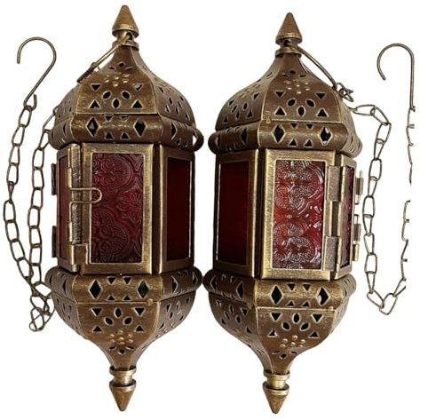 BWRMHME Marokkanische dekorative Kerzenlaterne, Metall, zum Aufhängen, Teelichthalter, Glas, für drinnen und draußen, LED-Kerzenhalter, flammenlos, 35,1 cm Kette (Vintage-Stil, Bronze-Gold)