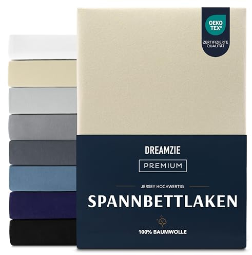 Dreamzie Premium Spannbettlaken 140x200 cm, Spannbetttuch für Dicke Matratzen bis zu 22 cm, Bettlaken 100% Jersey Baumwolle, 150 g/m², Oeko-TEX Zertifiziert - Beige
