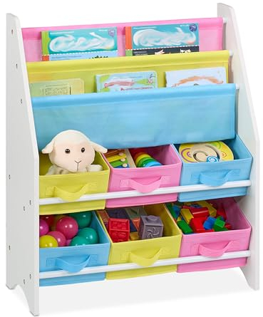 Relaxdays Kinderregal mit 6 Boxen, 2 Taschen, Spielzeugregal für Kinderzimmer, HBT: 74 x 62,5 x 31 cm, Kistenregal, bunt