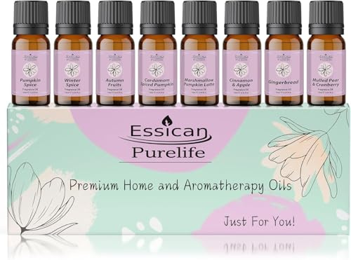 Essican Purelife Autumnal Home Fragrance Oil Set – 8 x 10ml Aromatherapy Fragrance Oils for Soap Making, Candle Scents for Candle Making, Wax Melts, Perfume, & Humidifier, Autumnal Gifts Set