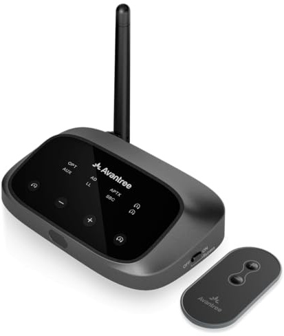 Avantree Oasis Plus 2 – Bluetooth Transmitter for TV with Remote Volume Control, Supports Two Headphones, aptX-Adaptive, Soundbar Passthrough, for Optical or AUX TVs