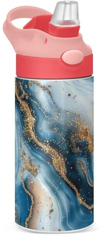 Sevdomey Blue and White Marble Kids Water Bottle for Girls Boys, Stainless Steel Insulated Leakproof Water Bottle 350ml with Straw for School Nursery Travel Sports