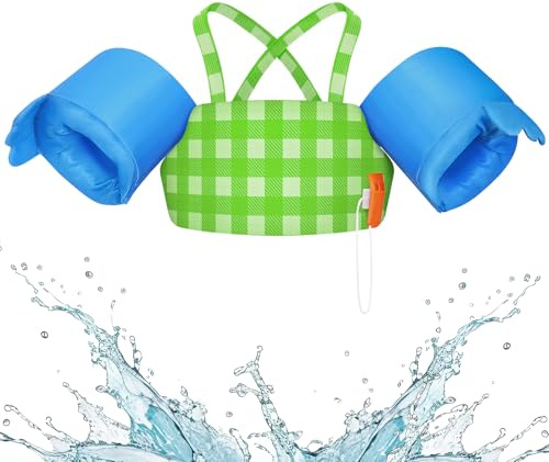 HeySplash Gilet da Nuoto per Bambini, Braccioli Galleggianti da Bambini con Peso 22-44lbs Anni 2-6, Giubbotto Galleggiante Bracciali Nuoto con Cinghia Regolabile per Bambini, Plaid Blu Verde