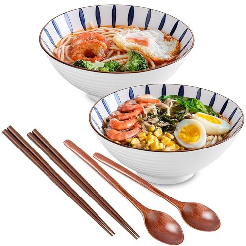 Juego de 2 cuencos de cerámica japoneses de ramen, 1200 ml, cuencos de 20 cm, grandes cuencos de ramen con palillos cuchara, ensaladas para pasta, cereales, ensaladas para pasta