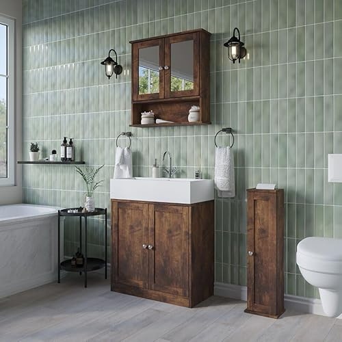 URBNLIVING 3 Piece Set Under Sink Cabinet, Toilet Paper Dispenser, Wall Mirror Cabinet Coordinated Storage Solutions for Home Organization, Stylish and Functional for Any Room or Space Rustic Brown
