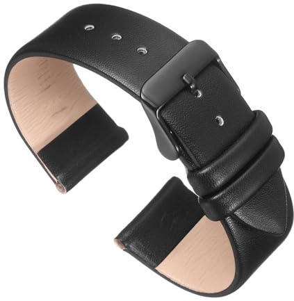 QUARKZMAN Bracelet Montre en Cuir 20mm de Largeur Noir Bracelet de Montre Plat, Fin et Élégant en Cuir Véritable avec Boucle Noire pour Homme et Femme