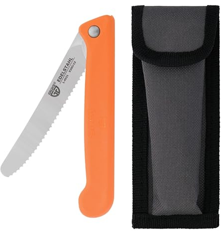 GRÄWE Klappmesser mit Wellenschliff, Frühstücksmesser, Brötchenmesser, Tomatenmesser, klein, klappbar (mit Liner Lock Mechanik), scharf, Brotzeitmesser aus Spezialstahl mit Etui, Grifffarbe orange