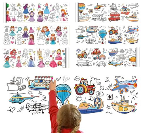 Rollo Papel Pintar Niños – Papel Continuo Blanco 30 x 300 cm, Dibujos para Colorear, Actividad Creativa DIY, Juguete Educativo para 3+ Años, Fácil Instalación sin Dañar Paredes