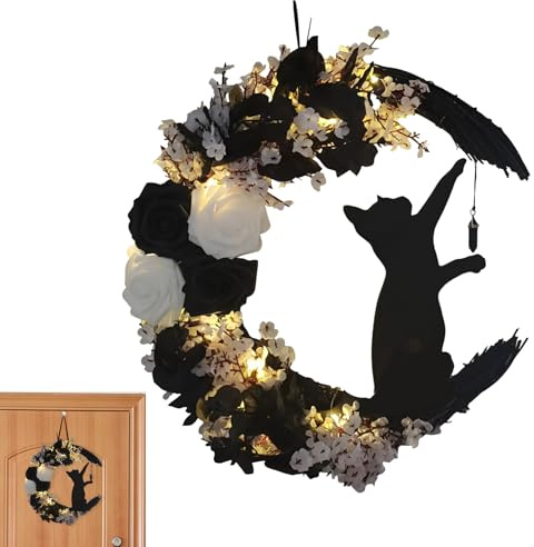 Månkatt Halloween krans, blommåne dörrkrans, Halloween Väggbelyst Ytterdörr Månkrans, Inomhus utomhus säsongsbetonad krans prydnad för kattälskare för entré,