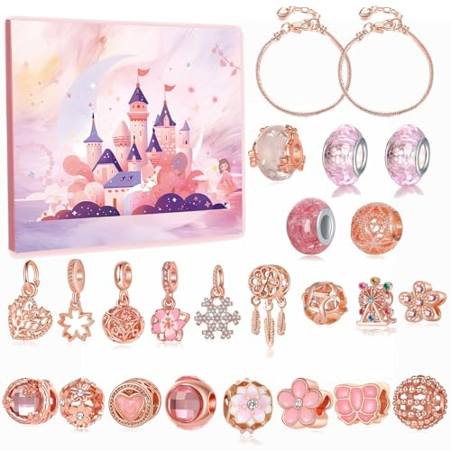 Generisch Calendrier de l'Avent 2025 pour femme - Or rose - Calendrier de l'Avent - 2 bracelets, 24 bijoux de remplissage - Cadeaux de Noël pour filles et femmes