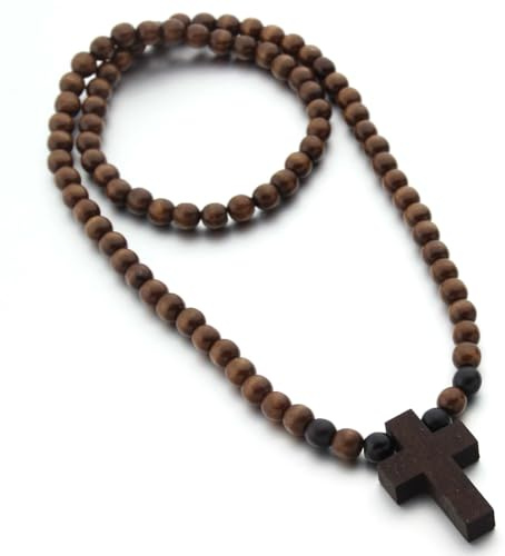 Wooden Beaded Cross Necklace, Hip-Hop Style Handmade Rosary Beads, Wooden Mini Cross with Catholic Rosary for Prayer & Meditation, Religious Jewelry for Communion, Baptism, Mass