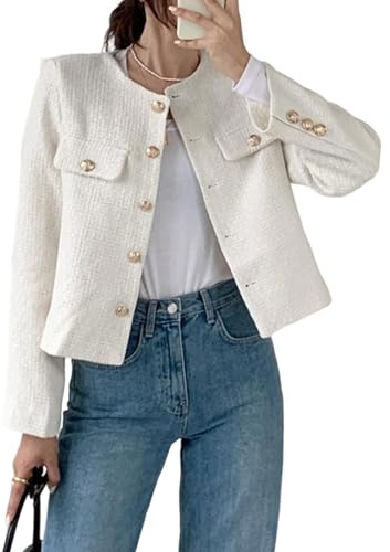 Veste Blazer en Tweed pour Femme, élégante, Courte, Automne-Hiver, col Rond, Style Business Casual, avec Poches, Beige, Taille S