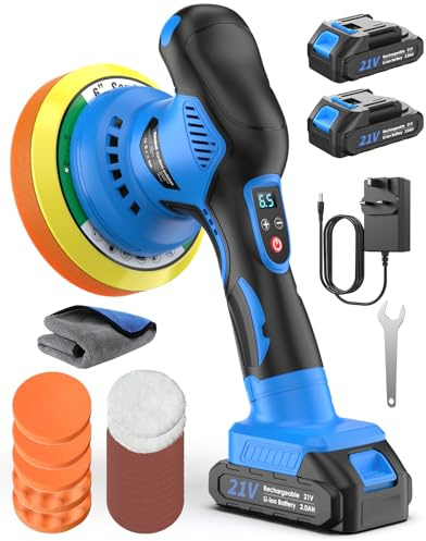 RAYBAO Cordless Car Polisher, 6IN Car Polishers and Buffers with 9mm Orbital, 8 Variable Speeds (MAX 6000RPM), 2 * 21V 2.0Ah Batteries Car Buffer Polisher Machine for Car Detailing, Boat Care, Waxing