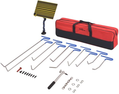 Set di 28 strumenti per la rimozione delle ammaccature in acciaio inox con 10 barre di riparazione, targhetta riflettente, martello a percussione, gancio a S e borsa per il trasporto, per auto
