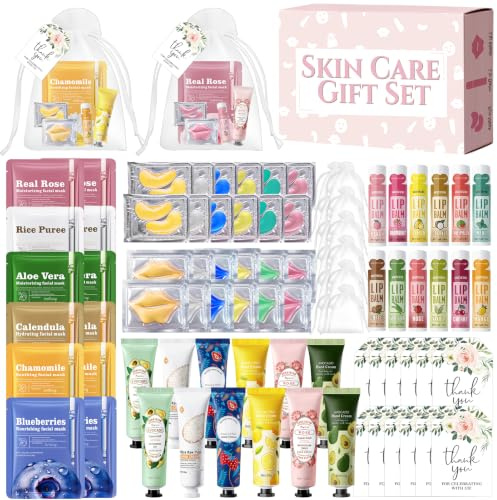 84 Piezas Set Regalo Mujer Skincare, Set Cuidado Facial Mujer, Incluye Mascarillas Faciales/Eye Patches/Mascarilla Labios/Labial Hidratante/Hand Cream/bolsitas de tela pequeñas/tarjetas regalo