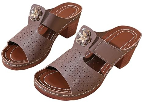 Tjock botten blockklack för kvinnor bred bredd, damer tjock sula halkfri mule tofflor, dra på bred passform sandaler bekväma lätta skor för uppklädd arbete dejt bröllopsfest, Brun, 39.5 EU