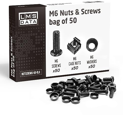 LMS DATA 50 x M6 Schrauben mit Käfigmuttern Set,19 Zoll Rack Schrauben & Käfigmutter M6 für Serverschrank Netzwerkschrank Patchpanel, Montagesatz mit Schrauben, Käfigmuttern & Unterlegscheiben