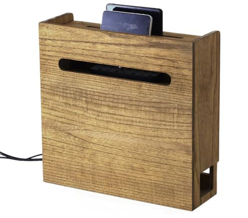 KIRIGEN Wifi Router Storage Box, Wooden Wireless Router Organizer Rack Shelf Box Power Cord Socket Storage Shelf Cable Management and Organizing Box for Office and Home Dark Brown