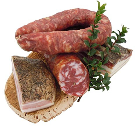 Panier de charcuterie italienne Salumi Murru 1 - Saucisse sarde, salami sarde, pancetta poivrée, guanciale et un plateau en liège