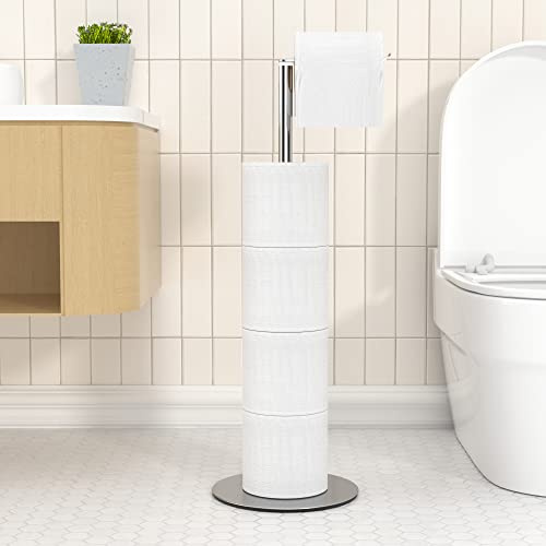 Toilet Roll Holder Free Standing,Stainless Steel,Silver Weighted Base | Stores 4 Spare Rolls,Rustproof Stainless Steel,Freestanding No Drilling Design,Anti-Slip Base,Space Saving Bathroom Storage
