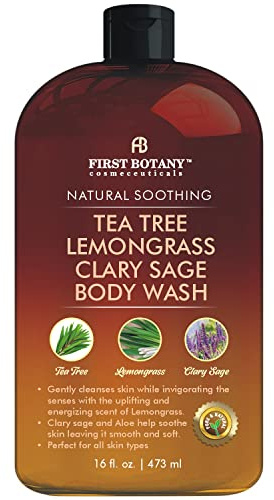 First Botany, ALL Natural Body Wash, Fights Body Odor, Athlete's Foot, Jock Itch, Dandruff, Acne, Eczema, Shower Gel for Women & Men, Skin Cleanser -16 fl oz (Tea Tree, Lemon Grass, Clary Sage)