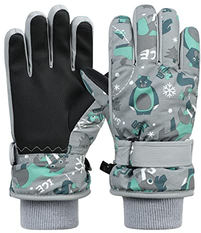 Durio Skihandschuhe Kinder Handschuhe Kinder Wasserdicht Winterschuhe Mädchen Jungen Kinderhandschuhe Grau 4-6 Jahre