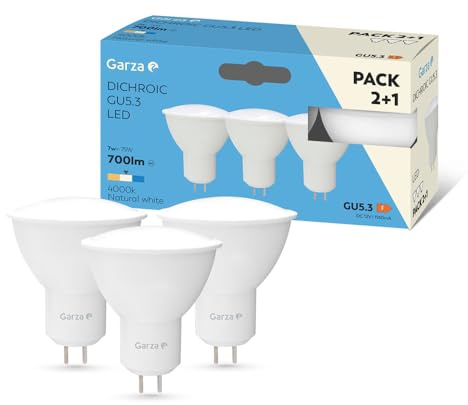 Garza - Pack 2+1 Bombillas Led, Casquillo GU5.3, Luz Neutra 4000K, 7W, 700 Lúmenes, No Regulable